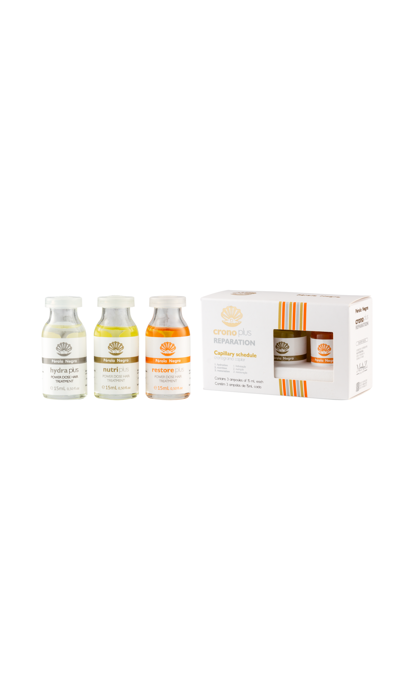 PÉROLA NEGRA Ampoules Cronoplus, Reparation, Capillary Schedule - Power Dose Deep Conditioning Treatment for Damaged Hair - 15 ml each ampoule (box with 3 ampoules)