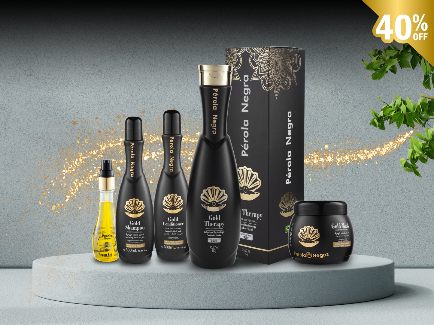 Kit Perola Negra Gold Therapy - ( Hair Straightening 1kg ,Shampoo 300ml ,Conditioner 300ml, Mask 280g and Oil 60ml )