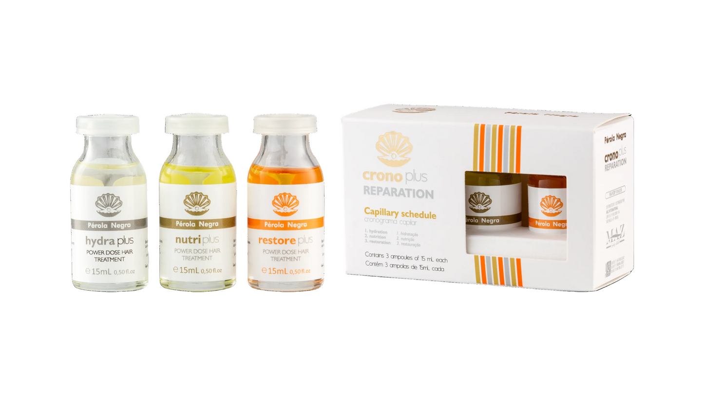 PÉROLA NEGRA Ampoules Cronoplus, Reparation, Capillary Schedule - Power Dose Deep Conditioning Treatment for Damaged Hair - 15 ml each ampoule (box with 3 ampoules)